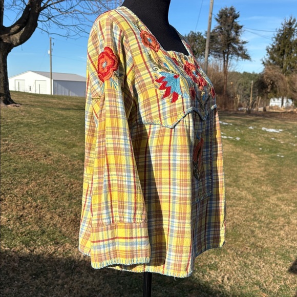 Sister Mary Yellow Blue Plaid Floral Embroidery BoHo 3/4 Sleeves Tunic Blouse Lg - Picture 7 of 11